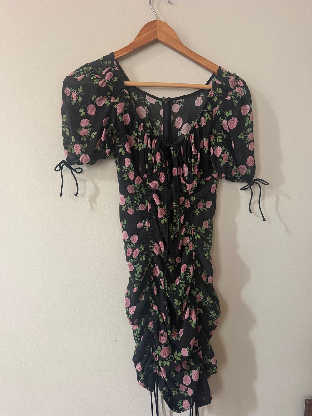 For Love & Lemons Black Floral Mini Dress with Puff Sleeves